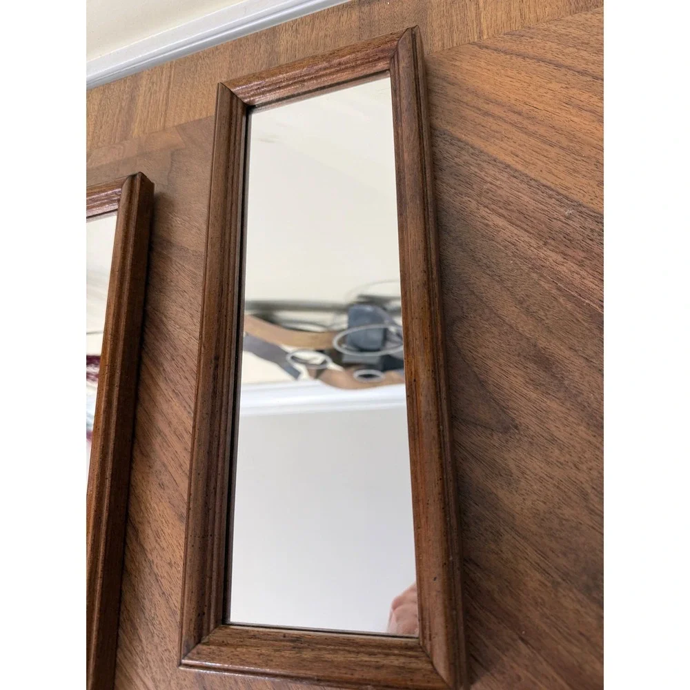 Vintage Wood Framed Rectangular Wall Mirrors Set of 2 Mid Century Modern Style